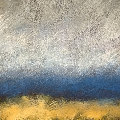 gray white blue and yellow painting